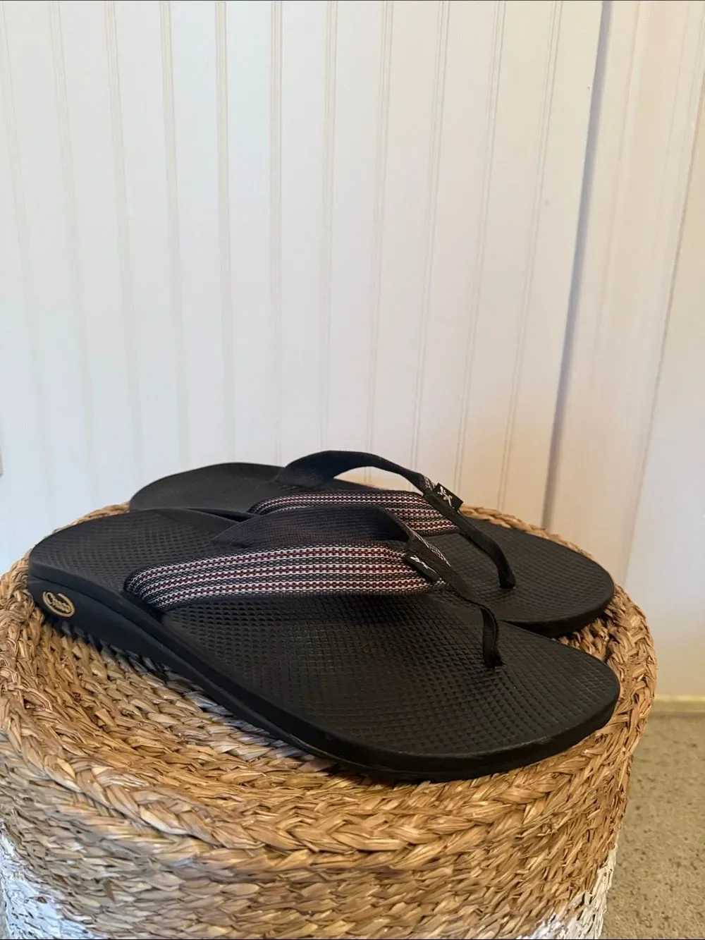 Chaco Men’s  Black Sandal Flip-Flops with Striped Webbing